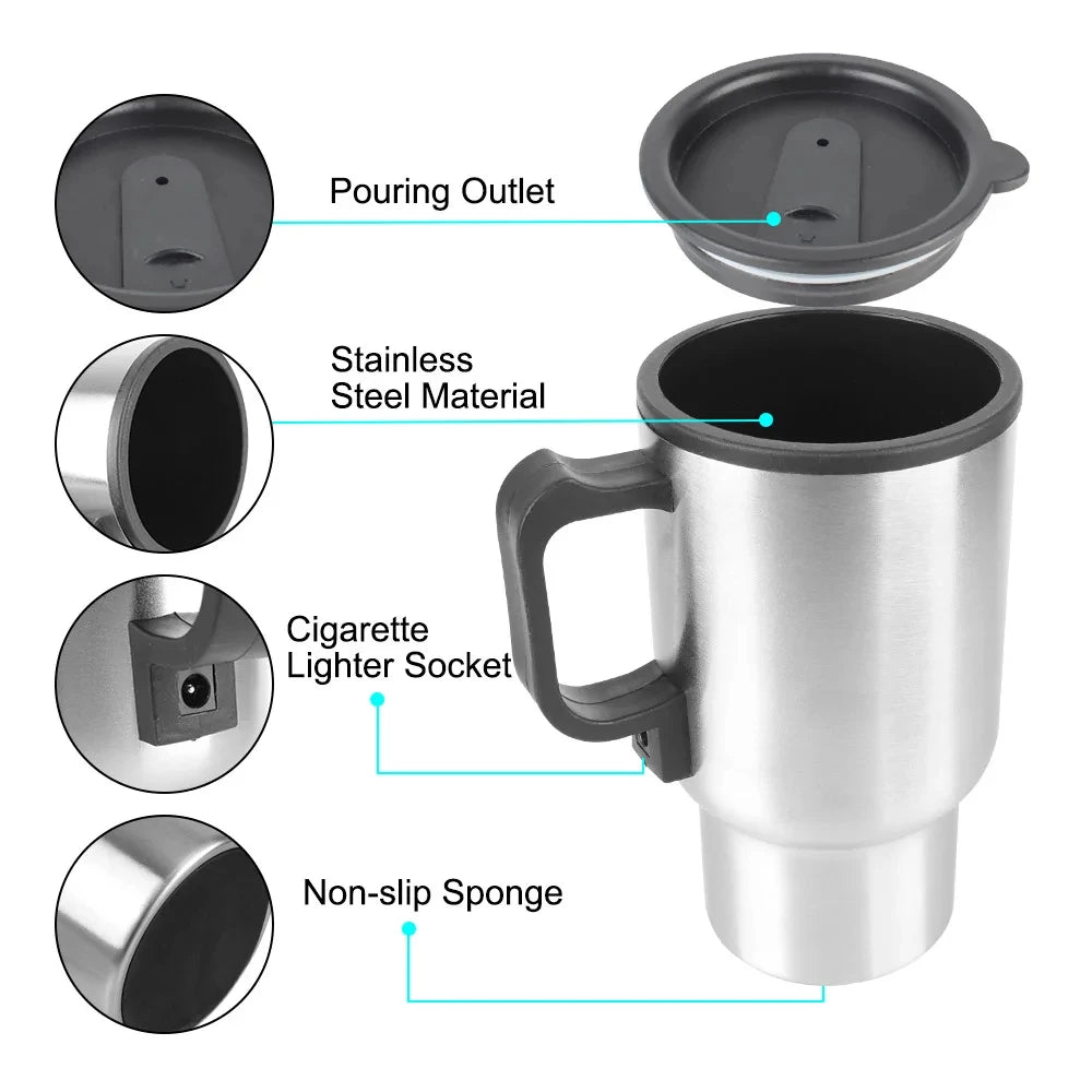 Bouilloire de voiture chauffante électrique, tasse thermique, acier inoxydable, tasse chauffante pour véhicule, eau, café, lait, camping, voyage, 12V, 450ml - House Tools Store