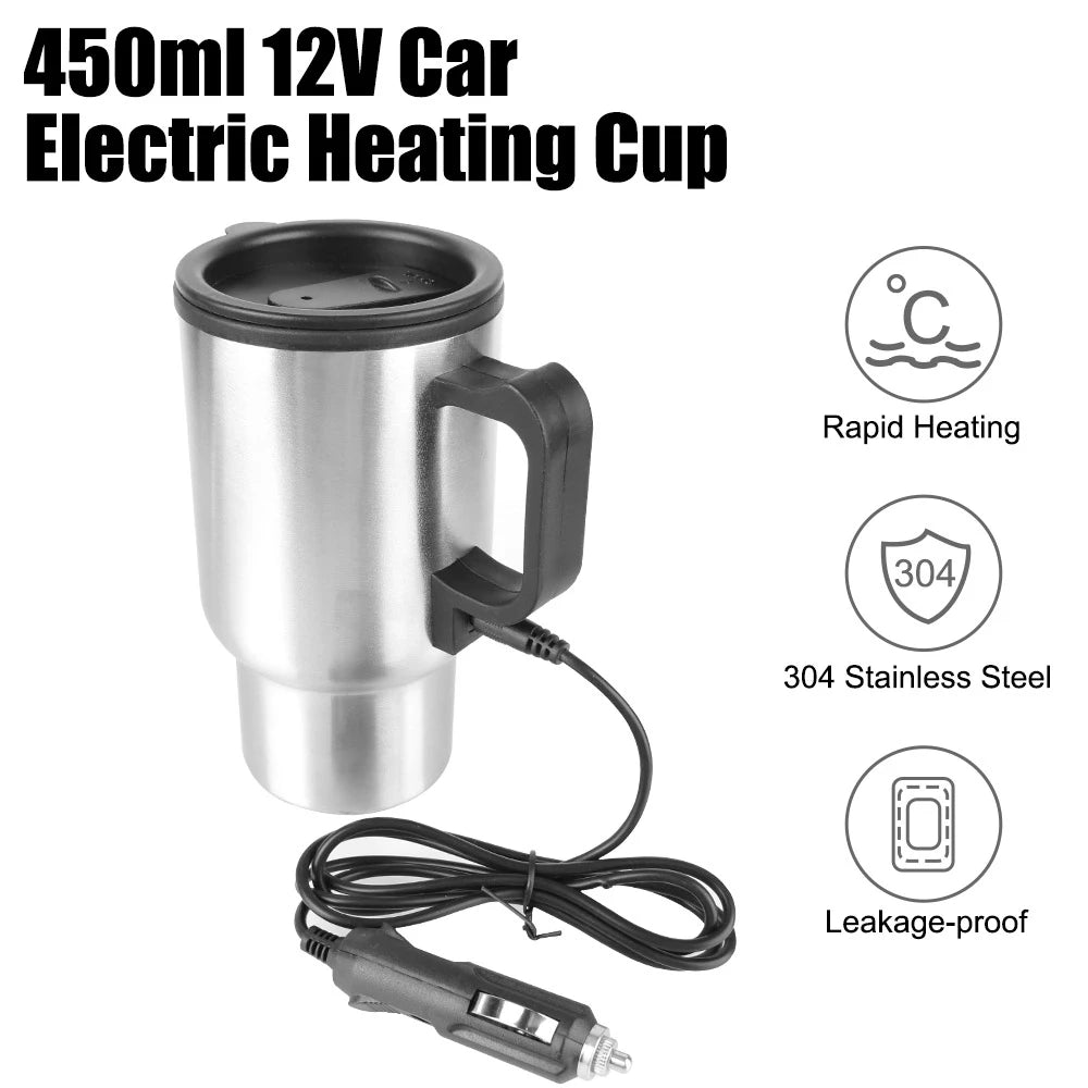 Bouilloire de voiture chauffante électrique, tasse thermique, acier inoxydable, tasse chauffante pour véhicule, eau, café, lait, camping, voyage, 12V, 450ml - House Tools Store