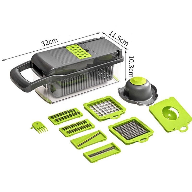Trancheuse multifonctionnelle avec panier, coupe - légumes, déchiqueteuses, hachoir à fruits, râpe à carottes, vert, noir, 12 en 1. - House Tools Store