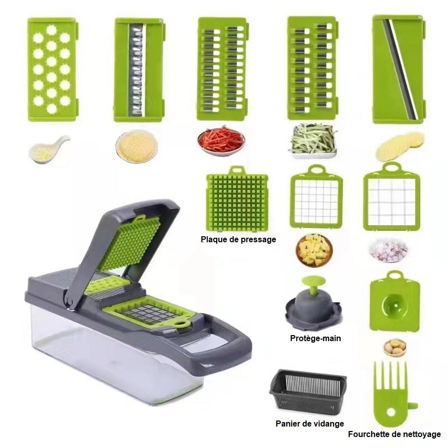 Trancheuse multifonctionnelle avec panier, coupe - légumes, déchiqueteuses, hachoir à fruits, râpe à carottes, vert, noir, 12 en 1. - House Tools Store