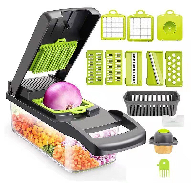 Trancheuse multifonctionnelle avec panier, coupe - légumes, déchiqueteuses, hachoir à fruits, râpe à carottes, vert, noir, 12 en 1. - House Tools Store